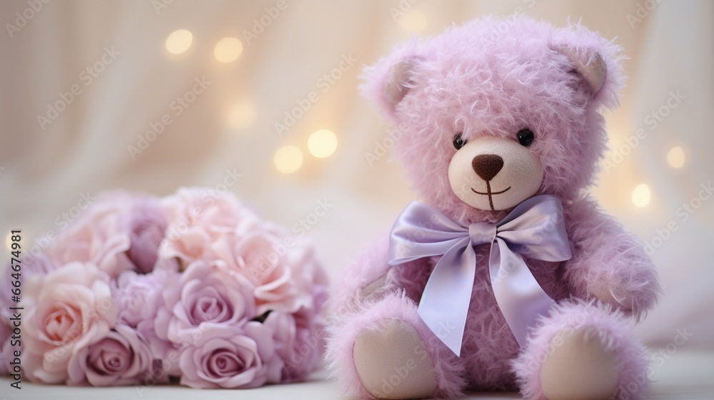 A delicate teddy bear with rose-pink fur, wearing a ribbon of soft lilac around its neck
