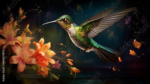Illuminate the enchanting world of a hummingbird sipping nectar from a vibrant blossom.