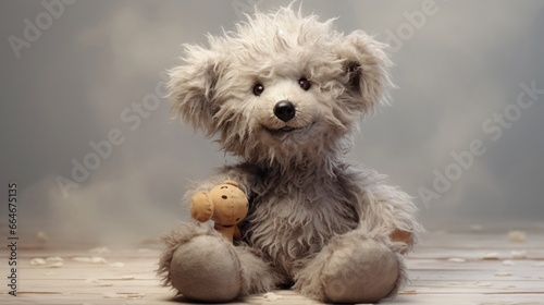 A small teddy bear with platinum-grey fur, sitting with a contented expression and a twinkle in its eyes