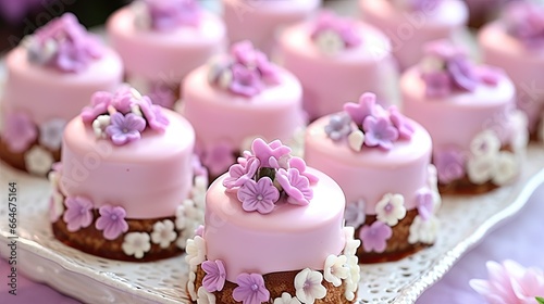 A table topped with lots of small cakes covered in pink frosting. Spring petit four cakes.