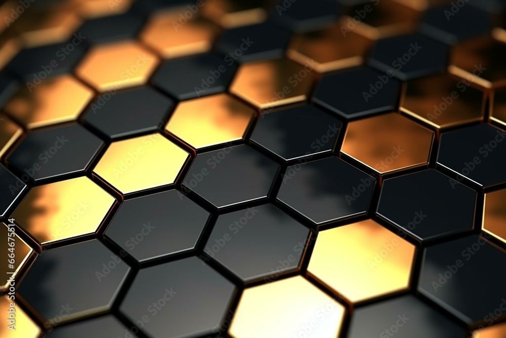 Elegant backdrop of golden and black hexagons at varying levels. Futuristic and abstract with 3D rendering. Generative AI - obrazy, fototapety, plakaty 