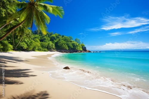 Beautiful beach with clear blue waters  sandy coastline  and lush tropical landscape. Perfect for a summer vacation with a stunning aerial view of the bay. Generative AI