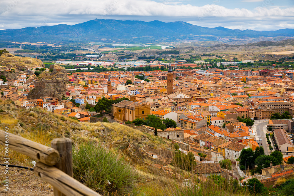 High view of Calatayud and buildings at sunny day, Province of Zaragoza, Spain