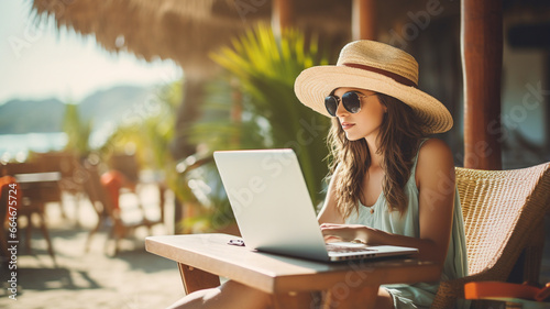 woman in hat and laptop on beach.