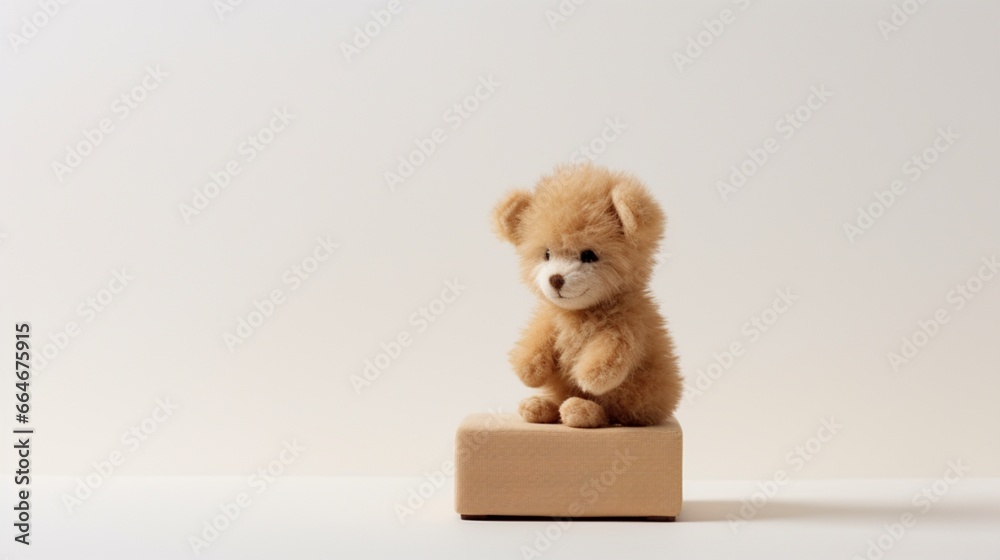 A miniature teddy bear with light caramel fur, perched on a white pedestal with a poised demeanor