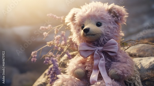 A delicate teddy bear with blush-pink fur, wearing a ribbon of soft lavender around its neck © Teddy Bear