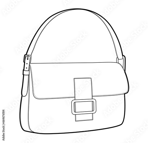 Baguette elbow silhouette bag. Fashion accessory technical illustration. Vector satchel front 3-4 view for Men, women, unisex style, flat handbag CAD mockup sketch outline isolated