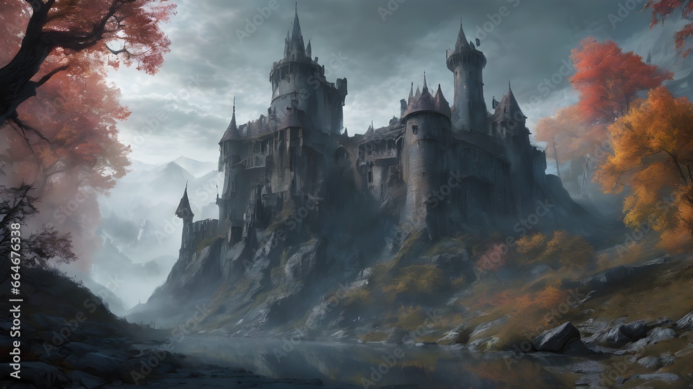 Fototapeta premium An old castle sits on the base of a cliff.Generative AI