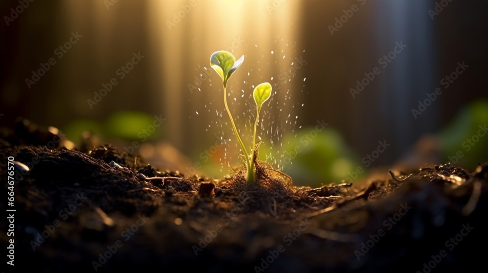 Witness the magical transformation of a seed sprouting into a young plant. - obrazy, fototapety, plakaty 