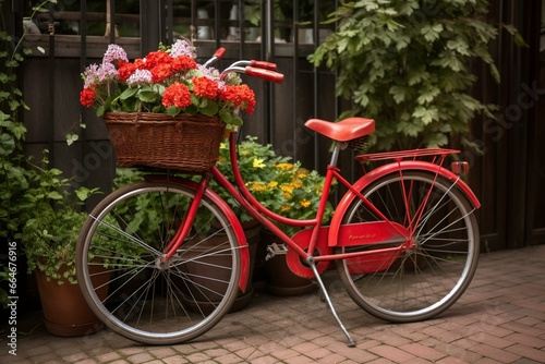 Red bike with lovely flower basket. Generative AI