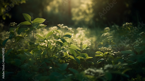 A detailed view of sunlit summer vegetation. Green leaves glisten under the bright sun, showcasing the fresh and lively charm of the season. Created using Generative AI technology.