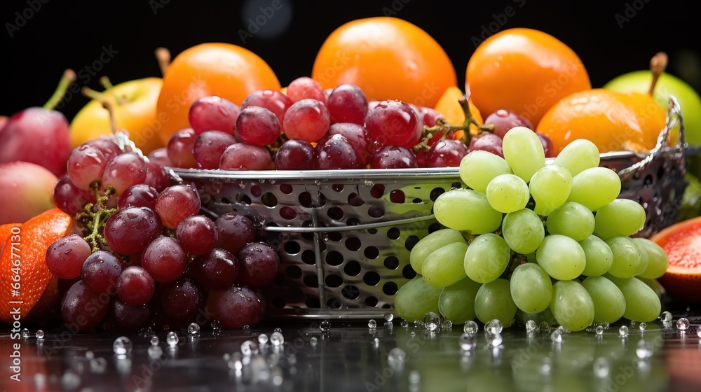 The basket is full of grapes and oranges UHD wallpaper Stock Photographic Image