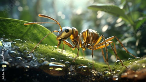 Zoom in on the captivating textures of a dew-covered ant exploring a leafy world. © UMR
