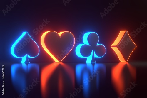 Aces cards symbols with futuristic neon blue and red lights on a black background. Club, diamond, heart and spade icon. 3D render illustration