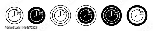 365 day Icon. 365 days open support symbol set. product warranty up to 365 day vector sign. Round badge of 1 year schedule line logo