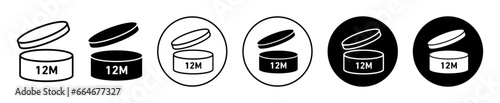 Period after opening 12m Icon. Twelve pao can symbol set. Best before or after opening 12 month vector sign. Cosmetic product shelf life of 12 month period line logo