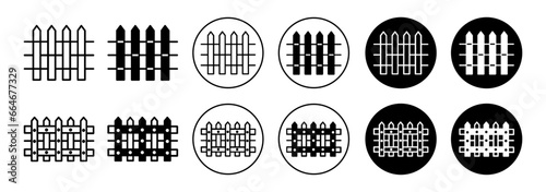 Plank fence icon. wooden bucolic barrier symbol set. Wood plank fence in yard vector sign. Plank picket railing around boundary line logo.
