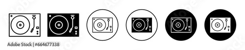 Turntable Icon. Vinyl recored player symbol set. Lp disc play turntable mixer vector sign. Vintage classic vinyl turntable line logo.