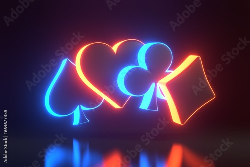 Aces cards symbols with futuristic neon blue and red lights on a black background. Club, diamond, heart and spade icon. 3D render illustration