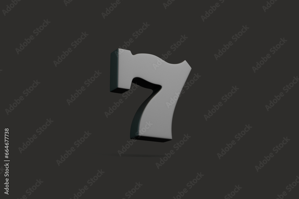 Black lucky seven on a black background. Casino symbol. 3D render illustration Black lucky seven on a black background. Casino symbol. 3D render illustration