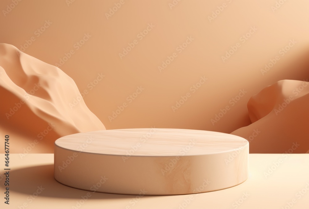 3D background, nude beige pedestal podium. Natural dry plant and shadow on pastel nude