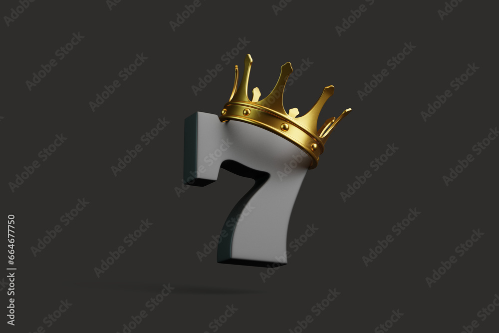 Black lucky seven with a gold crown on a black background. Casino symbol. 3D render illustration - obrazy, fototapety, plakaty 