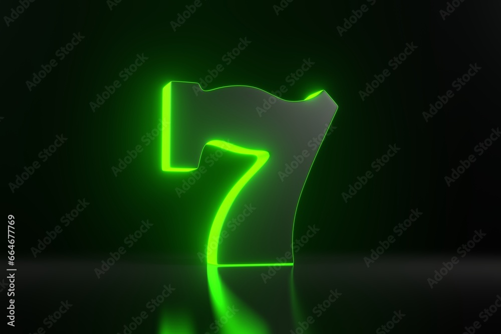 Lucky seven with neon green lights on black background. Casino symbol. 3D render illustration