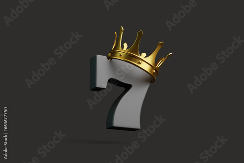 Black lucky seven with a gold crown on a black background. Casino symbol. 3D render illustration