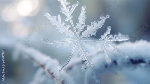 Zoom in on the mesmerizing details of a delicate snowflake resting on a branch.