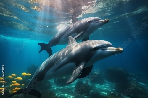 Dolphin underwater. Background with selective focus and copy space