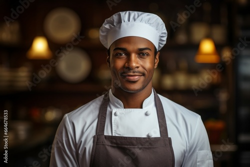 The man is a professional chef in the restaurant or hotel business. Portrait with selective focus and copy space