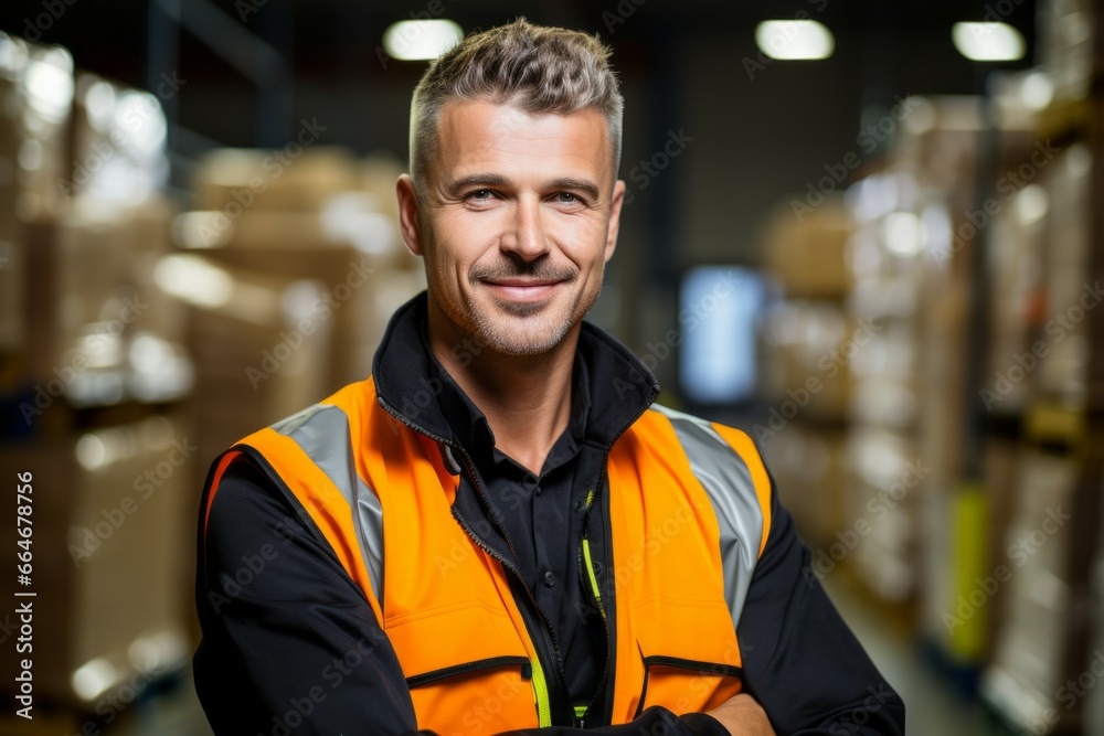 Man warehouseman in a warehouse. Portrait with selective focus and copy space Man warehouseman in a warehouse. Portrait with selective focus and copy space