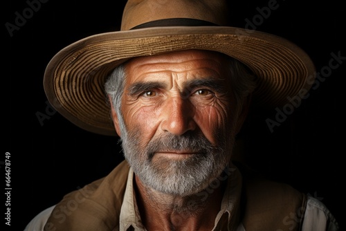 Old male farmer, studio lighting. Portrait with selective focus and copy space