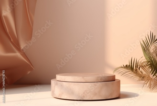 3D background, nude beige pedestal podium. Natural dry plant and shadow on pastel nude