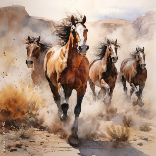 wild horses  opaque watercolor  concept  wild nature  freedom