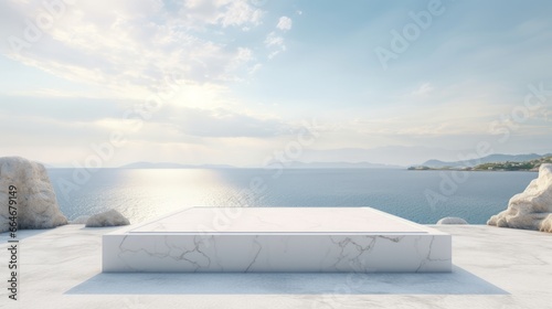 White marble podium with sea view on background , 16:9, concept: product placement, copy space © Christian