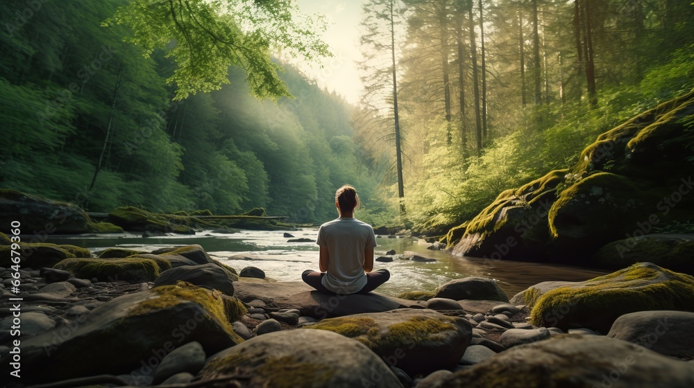  Person meditating in a tranquil forest, inner peace and connection with nature, 16:9, copy space