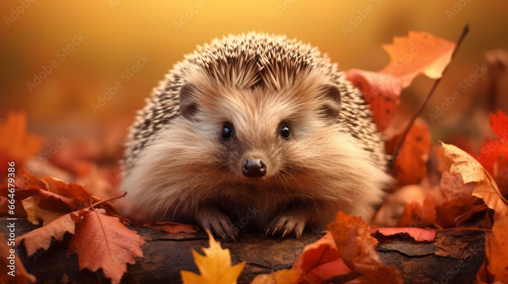 cute hedgehog sits in autumn leaves, background beautiful autumn landscape, 16:9, copy space cute hedgehog sits in autumn leaves, background beautiful autumn landscape, 16:9, copy space