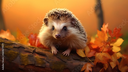 cute hedgehog sits in autumn leaves  background beautiful autumn landscape  16 9  copy space