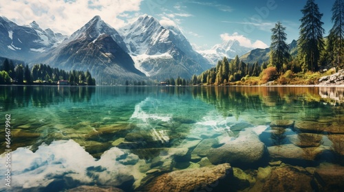 A crystal-clear alpine lake reflecting the towering Residual Mountains that encircle it.