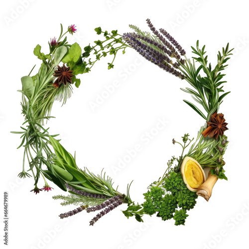 Frame made of herbs. Frame made of fresh garden herbs isolated on transparent background. 