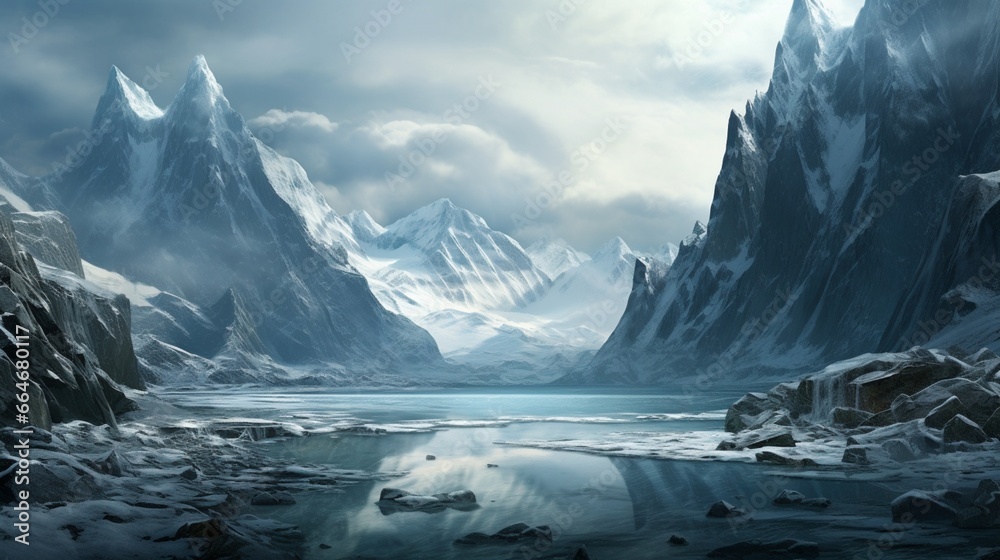 A frozen river winding through a valley, its surface a mosaic of jagged ice formations and smooth, glassy patches. Tall mountains loom on either side, their peaks obscured by low-hanging clouds.