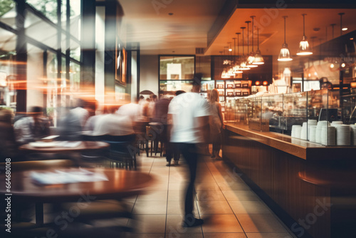 Public Space Cafe Restaurant Background, Blurred Motion, Urban Dining, Modern Interior, Casual Gathering, Service, Atmosphere, Diners Hustle, Contemporary Bistro, Relaxing. Generative AI.