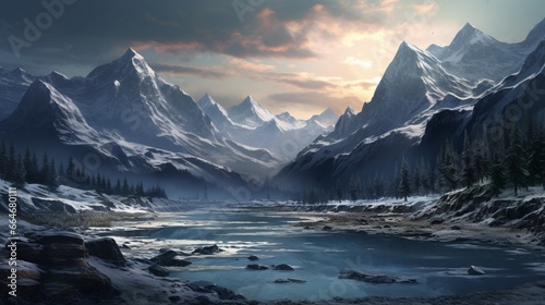 A frozen river winding through a valley, its surface a mosaic of jagged ice formations and smooth, glassy patches. Tall mountains loom on either side, their peaks obscured by low-hanging clouds. © Sajawal