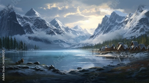 A frozen river winding through a valley, its surface a mosaic of jagged ice formations and smooth, glassy patches. Tall mountains loom on either side, their peaks obscured by low-hanging clouds.