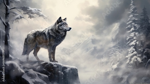 A lone wolf standing on a snow-covered hill, its fur blending seamlessly with the winter landscape. The wolf's breath mingles with the cold air, creating a misty veil around its muzzle. photo