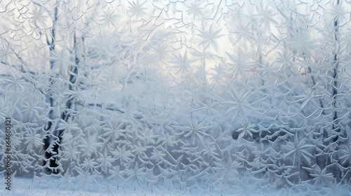 A close-up of a frost-covered window pane, its delicate patterns forming an intricate mosaic.