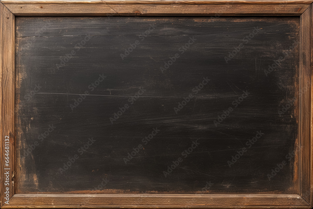 School Chalk Board, Black Vintage Distressed Texture, Wooden Frame, Classroom Writing Backdrop, Retro Aged Surface, Teaching Material, Antique Scratched Lesson Background. Generative AI.