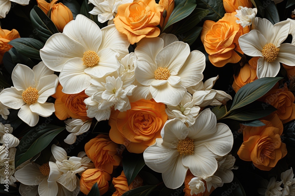 A bunch of white and orange flowers with green leaves. Digital art. A bunch of white and orange flowers with green leaves. Digital art.