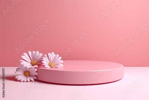 3D background  pink podium. Round display  pink flower